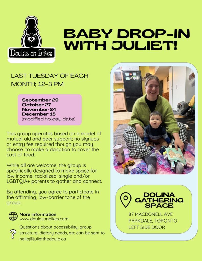 flyer for monthly baby drop in with Juliet the doula
